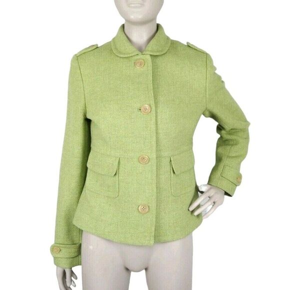 Vintage 90s Allen by Allen Schwartz Green Tweed Wool Peplum Peacoat Jacket Small - Picture 1 of 6